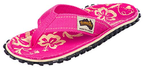 Gumbies Originals Kids - Flip Flops aus recycelten Materialien - profilierte Sohle aus wiederverwerteten Autoreifen, Fußbett aus Canvas-Baumwolle, bequemer Baumwoll-Zehensteg - Pink Hibiscus, 33