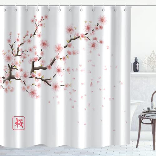 GKLEASG Rideau de douche rose, motif fleurs de cerisier japonais, tissu imperméable, lavable en machine, pour décoration de salle de bain, baignoire avec 12 crochets, 182,9 x 182,9 cm