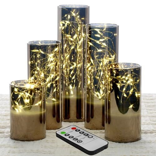 Eywamage Slim Grey Glass Flameless Candles with Remote Fairy Lights, Flickering LED Decorative Candles Battery Operated D 2 H 3 4 5 6 7