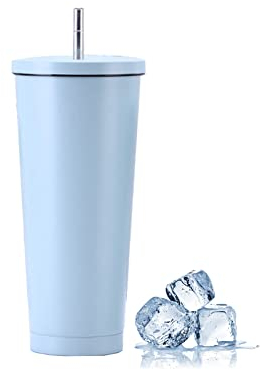 jackfru Edelstahl Becher Mit Strohhalm Und Deckel, Doppelwandiger Edelstahl-Kaffeetasse Isolierbecher, Kaffeebecher Wasserkrug Trinkbecher für Eiskaltes oder Warmes Trinken (Hellblau, 750ml)