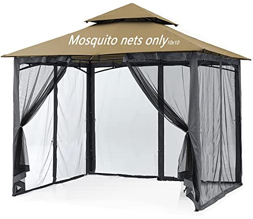 Moskitonetz für Pavillon, Ersatz-Sichtschutzwände, Netz mit Gleitringen, 4-Türer-Reißverschluss, einfach zu installieren, schwarz (nur Netz) (3 x 3 m)