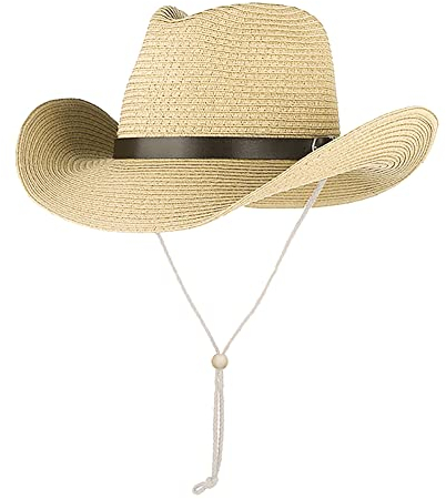 ITODA Straw Panama Hat Classic Western Cowboy Cap Wide Brim Beach Hats UPF 50+ Summer Fedora Trilby Hats Packable Outdoor Travel Hat with Chin Strap for Men Women Beige