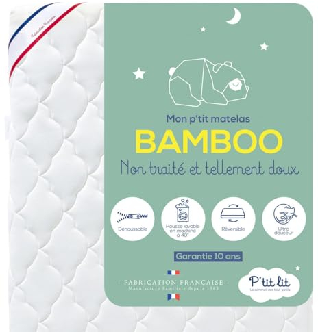 P'tit Lit - Matelas Bébé Bamboo - 60x120 cm - Viscose Douce et Absorbante - Sans traitement chimique - Déhoussable - Oeko Tex® - Fabrication Française - Ep. 10 cm