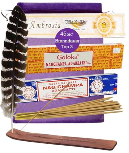 Räucherstäbchen [Top 3] NAG Champa Satya Berk Ambrosia 6-TLG Set GOLOKA + Räucherstäbchenhalter + Täschchen [mit Räucherfeder] 82390-5