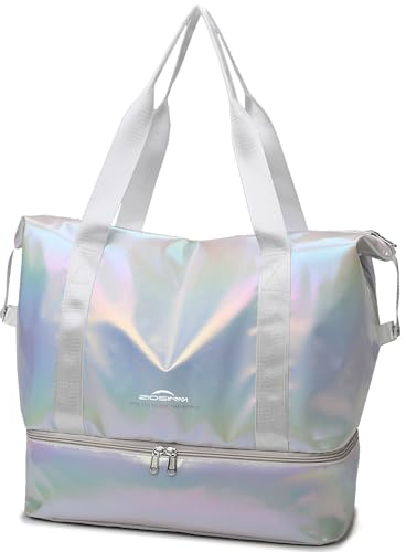 ZIOSINM Reisetasche Damen Sporttasche Reisetasche Handgepäck Tasche, 36L Klein Weekender Damen mit Schuhfach & Nassfach, Schwimmtasche Trainingstasche Saunatasche Fitnesstasche (Weiß)
