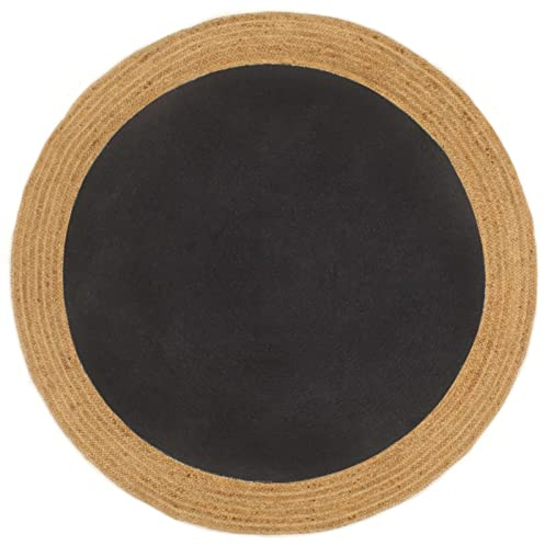 LAPOOH Teppich Geflochten Schwarz & Natur 90 cm Jute & Baumwolle Rund, Teppich Schlafzimmer, Teppich Wohnzimmer, Carpet Bedroom, Büroteppich, Teppischwhonzimmer