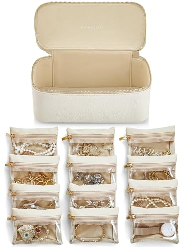 Vlando Schmuckkästchen, Reise-Aufbewahrungstaschen, modernes Dekor, PU-Leder-Schmucketui für 12 transparente Samtbeutel, Valentinstag, Hochzeit, Gedenktag, Geburtstagsgeschenk, Weiß