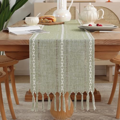 meioro Runner da Tavola Moderno, Tovaglia Runner 33x183cm con Nappe Fatto a Mano, Runner da Tavolo a Righe Vintage, Decorazione da Tavolo per Interni ed Esterni Cucina Pranzo casa Festa (Verde Salvia)