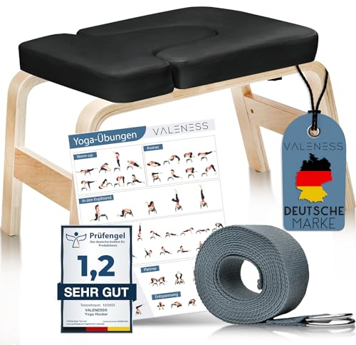 VALENESS® Yoga Kopfstandhocker - Hochwertiger Yoga Hocker inkl. Yogagurt, Yogablock & Übungsposter - Yoga Stuhl zur Handstand-Übung aus massivem Naturholz - Yoga Ausrüstung für Zuhause (Schwarz)
