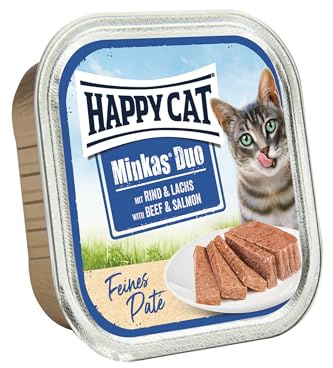 Happy Cat Minkas Duo Rind & Lachs Paté Nassfutter, 100 g | Getreidefreies Paté mit Rind & Lachs für Feinschmecker, Nassfutter, 100-g-Schälchen