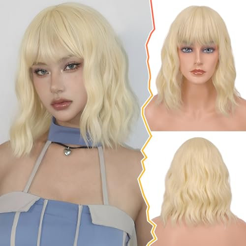 BARSDAR Kurze Gewellte Bob Perücken mit Pony, 35cm Frauen Kurze Platin Blond Perücken mit Pony Gewellt Synthetische Schulter Länge Perücken Frei Perücken Cap Mädchen Party (Platin Blond)