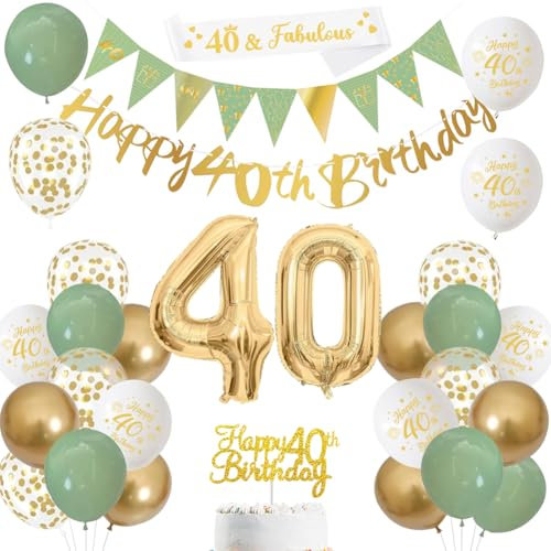 Sage Green Gold White Birthday Banners, Balloons, Cake Topper, Sash, Bunting, Flags, Number, Helium Balloons for Men, Women's 40th Party Decor