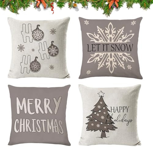 HIQE-FL 4 Stück Weihnachten Kissenbezug,45x45cm Kissenhülle Weihnachten,Dekorative Kissenhülle,Leinen Dekokissen,Kissenbezug Weihnachtsmotiv,Weihnachten Kissenbezug