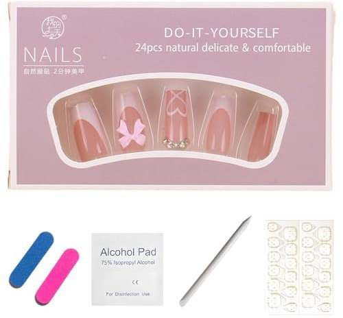 EIYVPRA 24 Stück Eckig Nägel Zum Aufkleben Kurz, Ballerina Natural Kunstnägel Press on Nails, Entwerfen Sie mit einem Strass und einer Dekoration von Bogensaugen für Frauen und Mädchen