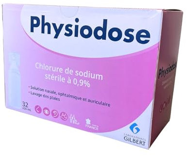 Boite de 32 unidoses Sérum physiologique Physiodose de 50 mL. Solution nasale, ophtalmique et auriculaire à base de chlorure de sodium stérile à 0,9% et d'eau purifiée.