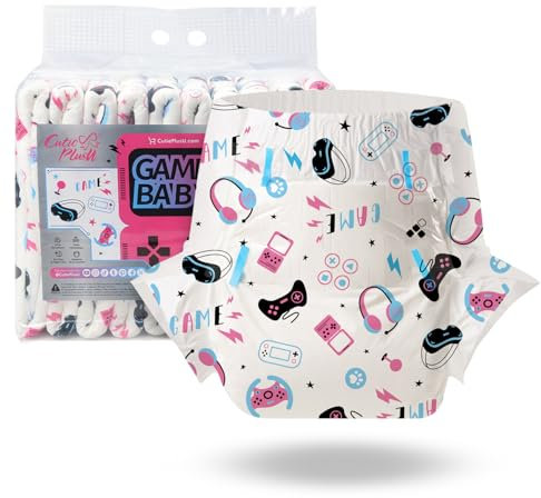 CutiePlusU Windeln für Erwachsene 10 Stück, Einweg-Inkontinenzslip mit Laschen für Frauen und Männer, maximale Saugfähigkeit über Nacht- Spielparadies (Mittel 28-38)