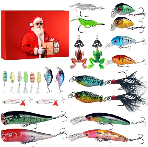 Angel Adventskalender 2024 Männer, 24 Köder Set Adventskalender, Weihnachten 24 Tage Angelkalender Köder Weihnachtskalender Fishermans Angelköder Für Erwachsene Teenager jungens Kinder