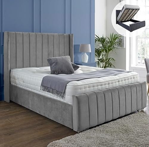 OTTOMAN PANEL WING PLUSH VELVET UPHOLSTERED BED FRAME KING SIZE (GREY PLUSH)