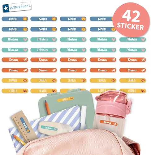 Gutmarkiert - Personalisierte Mini Thema Aufkleber (42 Etiketten - 3,8 X 0,6 cm) - Leicht zu personalisieren mit Namen oder Telefonnummer. Spülmaschinen- und mikrowellenfest. (Colorfull)