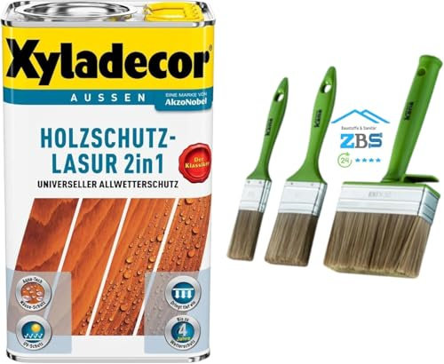 zbs24 Xyladecor Holzschutzlasur 2in1, keine Grundierung, Pinselset, tief eindringend, hoher UV-u. Nässeschutz, für alle Holzbauteile im Aussenbereich (walnuss, 2,5 Liters)