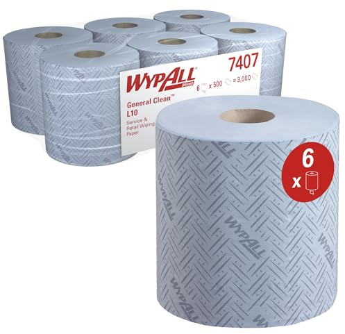 WypAll L10 General Clean Service & Retail Wiping Paper 7407 - Centrefeed Roll for Reach PLUS and Roll Control Dispensers - 6 Blue Rolls x 500 Paper Wipers (3,000 total)