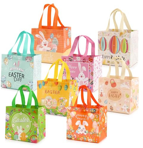 Geschenktüten Ostern, 8 Stück Geschenktüten Mit Griffen, 8 Verschiedene Muster Ostereiersuche-Taschen, Ostertüten Zum Befüllen, Geschenktaschen für Kinder Ostern Geschenk Party, 20 x 20 x 15 cm
