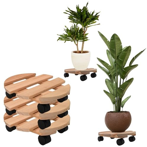 HLKauf 3er Pflanzenroller rund Rollbrett aus Buchenholz Rolluntersetzer 30 cm bis 120 Kg Transportroller für Pflanzen (3X Pflanzenroller 30cm rund & 1x HLKauf-Block)