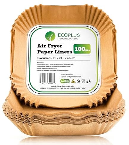 ECOPLUS Carta forno Quadrata per friggitrice ad aria 100 pezzi, BPA Free 20 cm x 20 cm, BPA Free, Antiaderente e Compatibile con tutti i modelli - Per una cottura sana
