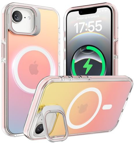 ORNARTO Compatible with iPhone 16e 6.1, Wireless Charging Magnetic Phone Cases with Camera Stand, Rainbow Holographic Shockproof Iridescent Cover -Sunset