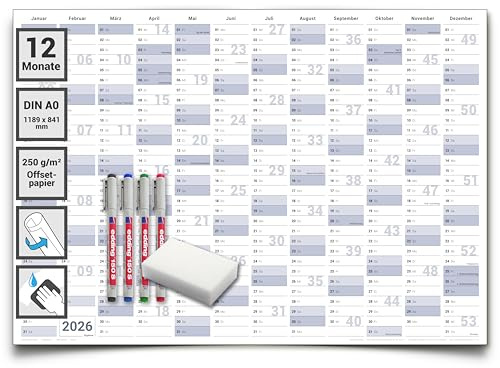 Abwischbarer XXL Jahresplaner Wandkalender 2026. Wandplaner gerollt 118x84cm gross DIN A0 inklusive 4er Stifte-Set, Schwamm. Jahreskalender 2026, Kalender - deutsche Sprache - von Gigatime