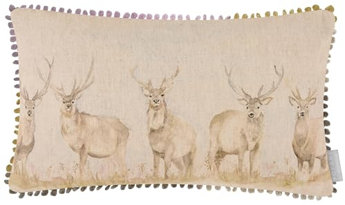 Voyage Maison Moorland Stag Feather Filled Cushion – Hand-Painted Watercolour Linen Blend Country Elegance Luxury Decor (Multicolour - 30x50cm)