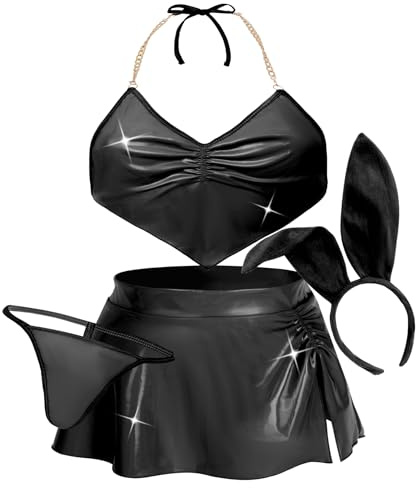 Ausing Sexy Bunny Kostüme für Damen Cosplay Dessous Anime Frauen Leder Bikini Rave Maid Outfit Latex BH Mini Rock Set SML