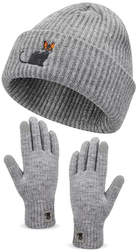 Geyoga Katze Motiv Geschenke für Frauen Mütze Handschuh Sets Warme Strickmütze Winter Beanie Mütze Strickhandschuhe Fleecehandschuhe Geschenk für Katzenliebhaber(Grau,Katze)