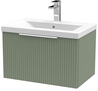 Balterley Vanity Unit with Basin Wall Hung, Single Drawer Soft Close with Mid Edge Sink and Handle, Bathroom Vanity Units with Basin, Fluted Front Sink Cabinet - 610 x 390 x 399mm (Green)