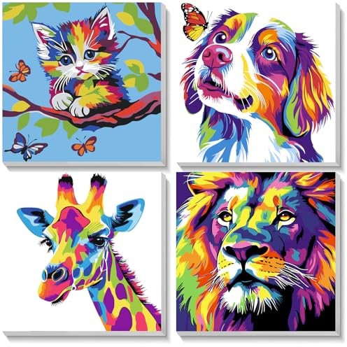 NEWENMO Malen Nach Zahlen mit Rahmen,4 Stück Tiere Malen Nach Zahlen,Cartoon Paint by Numbers,DIY Handgemalt Acryl-Ölgemälde Set,für Anfänger Home Decoration 20x20cm