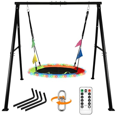 HeyZoo Swing Sets for Backyard, 40 Inch Flying Saucer Swing with 440lbs Capacity Heavy Duty A-Frame Metal Swing Stand, Play with 8 Modes 4 Colors LED Lights for Kids Adults Playground Outdoor