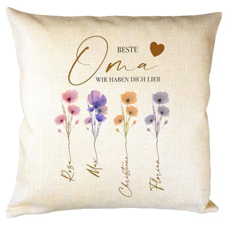 Manufaktur Liebevoll Personalisiertes Kissen mit Namen, Beste Oma Geschenk für Omi Großmutter – Familienkissen mit Aquarellblumen, Geschenk Familie (Beste Oma)