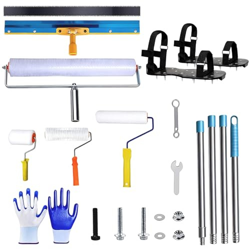 Komplettset Bodenbeschichtung Entlüftungswalze, Große 50cm Stachelwalze Epoxidharz Ausgleichsmasse Werkzeug Entlüftungsroller Set mit Nagelschuhe 160cm Teleskopstange Edelstahl Stehrakel