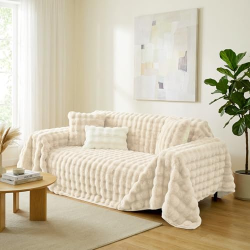 IRONDELIC Überzug Sofa mit Wellenmuster 180x230cm, Sofaüberwurf Couchbezug Flauschig aus Kunstkaninchenfell, Sofa Covers Ecksofa L-Form Decke, Dicke Sofaschoner für Winter Warm(Zweisitzer, Creme)