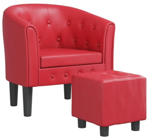 PUGYNBK Moderner Lesesessel mit Hocker, Clubsessel mit Fußstütze Rot Kunstleder – dick gepolsterter Sessel mit Knopfheftung, stabiles Sperrholz- und Kiefernholzgestell, pflegeleichtes