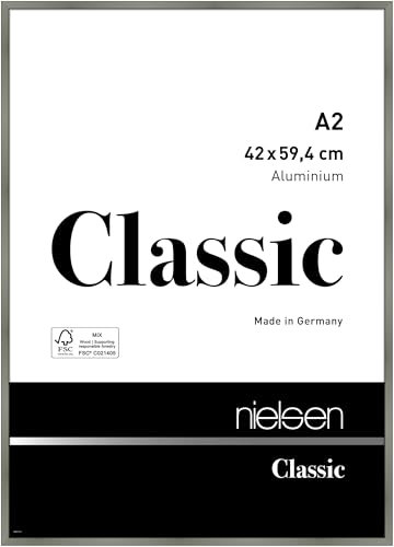 nielsen Bilderrahmen, 42 x 59,4 cm (A2), Aluminium, Platin glanz, Posterrahmen zum Aufhängen im Hoch- & Querformat, Echtglas, Classic