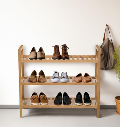 Hallowood Furniture Waverly Oak Wooden Shoe Rack, Stackable 3-Tier Light Oak Shoe Rack, Wide Organiser for Entryway, Living Room, Hallway or Garage, Holds Up to 9 Pairs of Adult Footwear