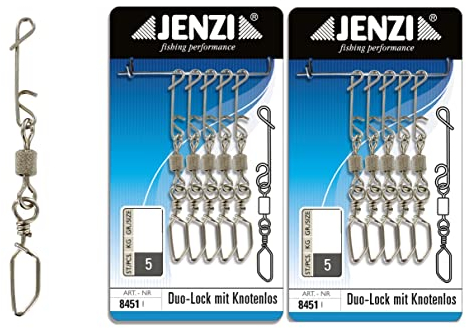 Set: 2 Packungen (10 Wirbelkarabiner) knotenlos Schnur-verbinder snap mit Wirbel Karabiner von Jenzi + gratis Petri Aufkleber (24 kg)