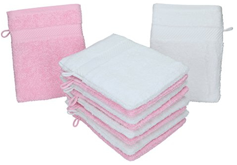 Betz 10 Stück Waschhandschuhe Palermo 100% Baumwolle Waschlappen Set Größe 16x21 cm Farbe weiß und rosé