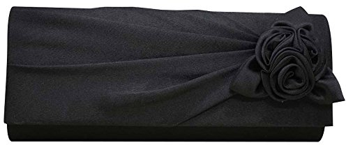 wocharm Ladies Satin Clutch Bag With Rose Evening Wedding Party Prom Bridal Handbag Women's Shoulder Bag (Black)