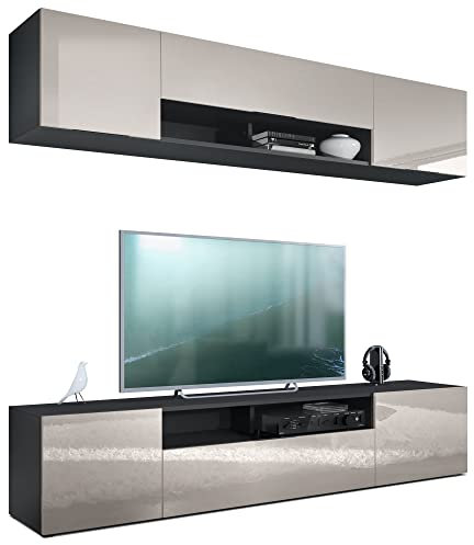 Vladon Wohnwand Mogan, Schwarz matt/Sandgrau Hochglanz - Moderne Anbauwand bestehend aus 2 TV-Boards (181 x 147 x 35 cm)