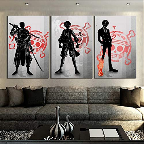 alicefen 3 Stück Schwarz Weiß Wandmalerei One Piece Anime Poster Ruffy Zoro Sanji Cartoon Bild Leinwand Gemälde Für Wohnkultur 50x70 cm (kein Rahmen)