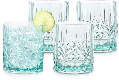 BELLAFORTE Shatterproof Tritan Plastic Short Tumbler, Set of 4, 13oz - Myrtle Beach Unbreakable Crystal Cut Old Fashioned Drinking Glasses for Whiskey - BPA Free - Dishwasher Safe - Teal