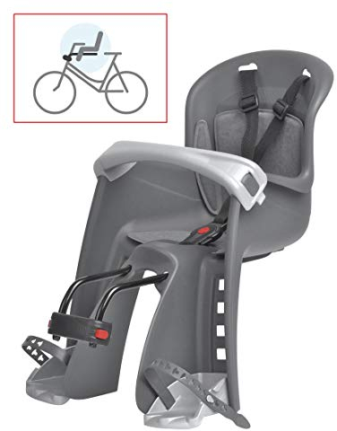 P4B | Fahrrad Kindersitz - Montage vorne | Mit Fußhaltegurten und verstellbare Fußstützen in 5 Stufen | Für 26-29 Zoll und 22-40 mm Rohrdurchmesser | Fahrradkindersitz 9 bis max.15 Kg | In Grau/Silber