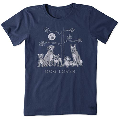 Life Is Good Damen Standard Hundeliebhaber Baum Baumwolle Rundhalsausschnitt Tee Kurzarm Grafik T-Shirt Dunkelblau, Größe M